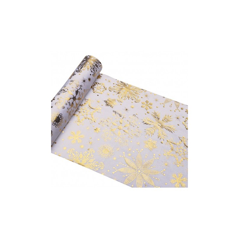 CHEMIN DE TABLE VELOURS BLANC FEERIE FLOCONS IMPRESSION OR 28CM X 3M