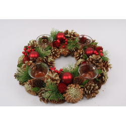 COURONNE BOUGOIR BOULES ROUGE 4 BOUGIES 34CM