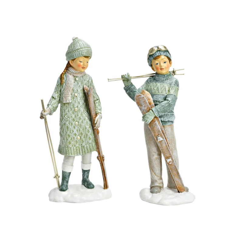 COUPLE FIGURINE FILLE & GARCON EN CERAMIQUE AVEC SKIS
