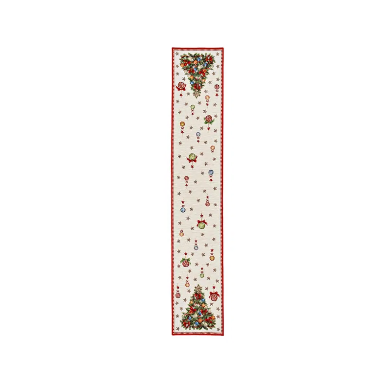 CHEMIN DE TABLE EN TISSUS DECOR SAPIN BEIGE ET ROUGE 183X33CM