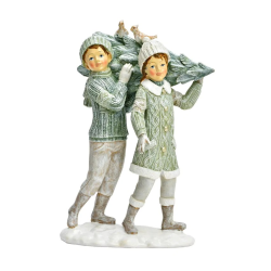 FIGURINE 2 ENFANTS AVEC SAPIN VERT 15X22X9CM
