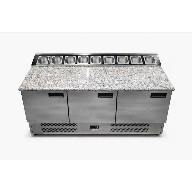 Table pizza 3 portes GN 1/1 dessus granit livré avec 9 bacs GN 1/6